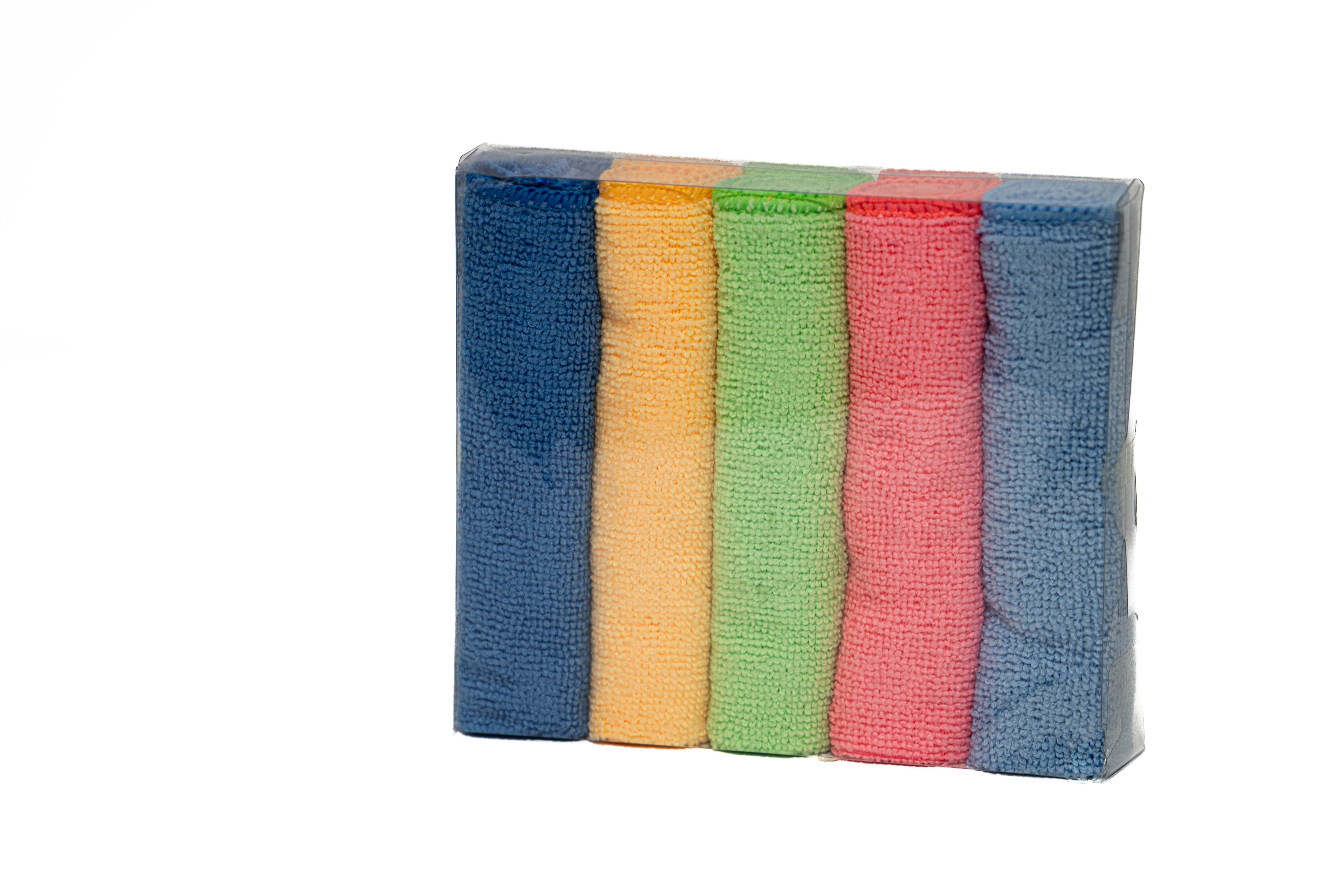Retail pack of five microfiber cloths in assorted colors